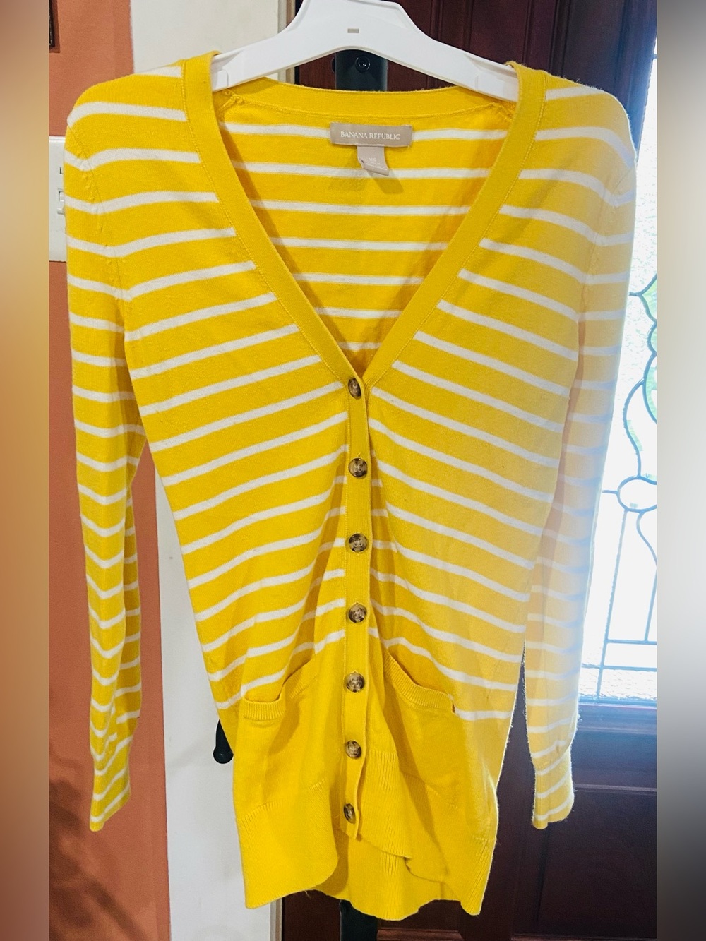 Banana Republic Yellow and White Striped Cardigan Sweater